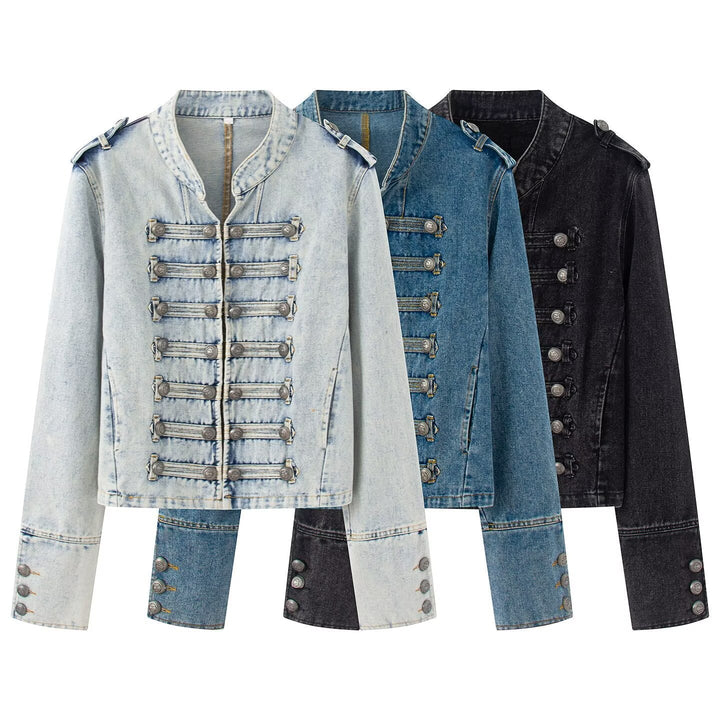 Dam Denimjacka i Military Stil med Dekorativ Knapp Knäppning