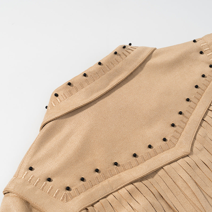 Dam kort Fringe mocka jacka in Western stil med Studded Accents och fram dragkedja