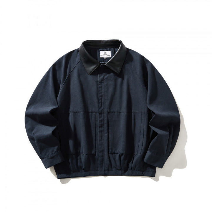 Herr short-cut canvas jacka med imitation läder krage och elastisk fåll