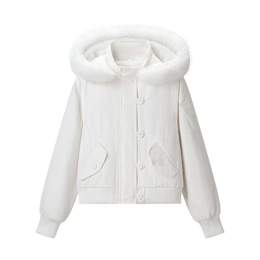 Dam kort jacka med vadderad foder, huva med faux fur trim och ribbed fåll