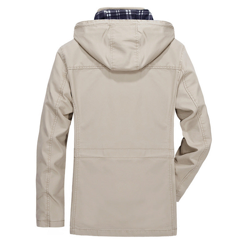 Herr Mid-Length Parka med Huva, Checkered Foder och Midja Dragsko