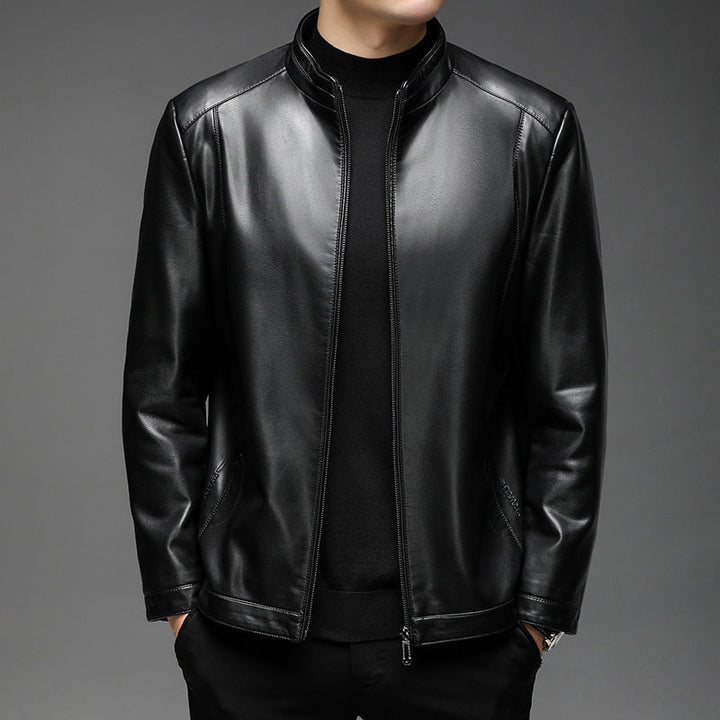 Herr Minimalistic Läder Look Övergångs Jacka med Ståkrage och Tvåvägsdragkedja