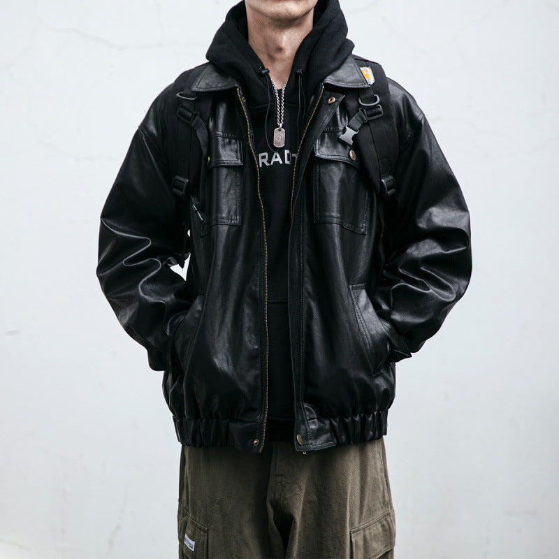 Herr oversize läderlook funktionsjacka med fickor med lock och elastisk fåll