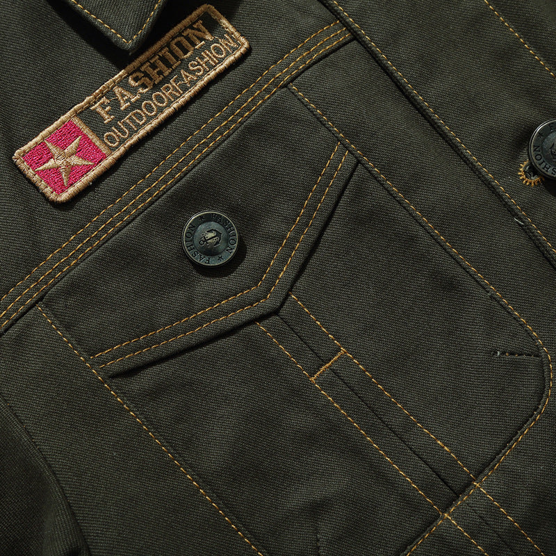 Herr Military-Inspired Canvas Fältjacka med Kontrasterande Decorative Sömmar och Breast Fickor