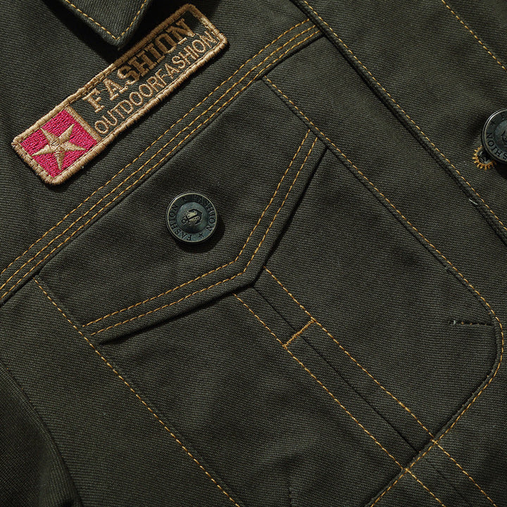 Herr Military-Inspired Canvas Fältjacka med Kontrasterande Decorative Sömmar och Breast Fickor