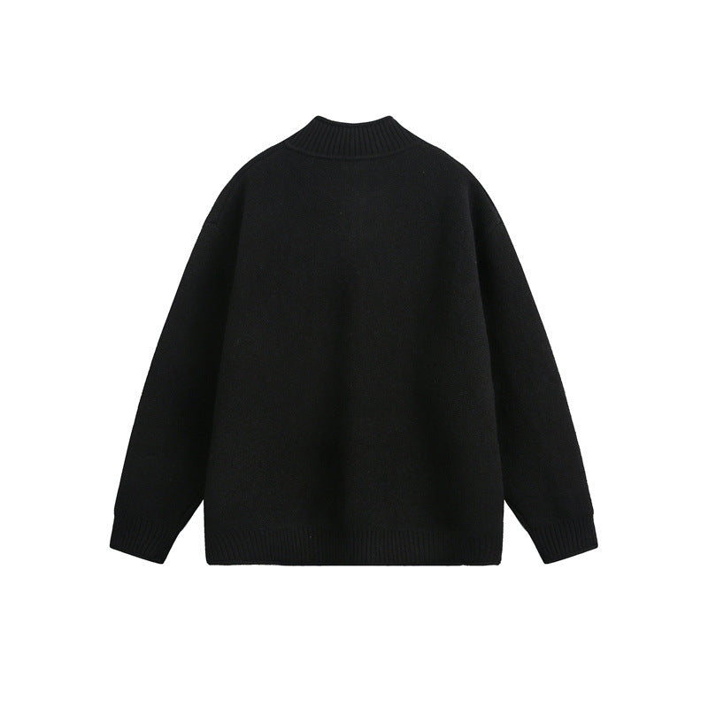 Unisex Stickad Dragkedja Jacka med Hög Ribbad Krage och Oversized Skärning