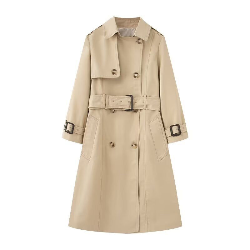 Dam Longer Skräddarsydd Trenchcoat med Dubbel-Breasted Knapplist, Midjebälte, och Ärm Tab