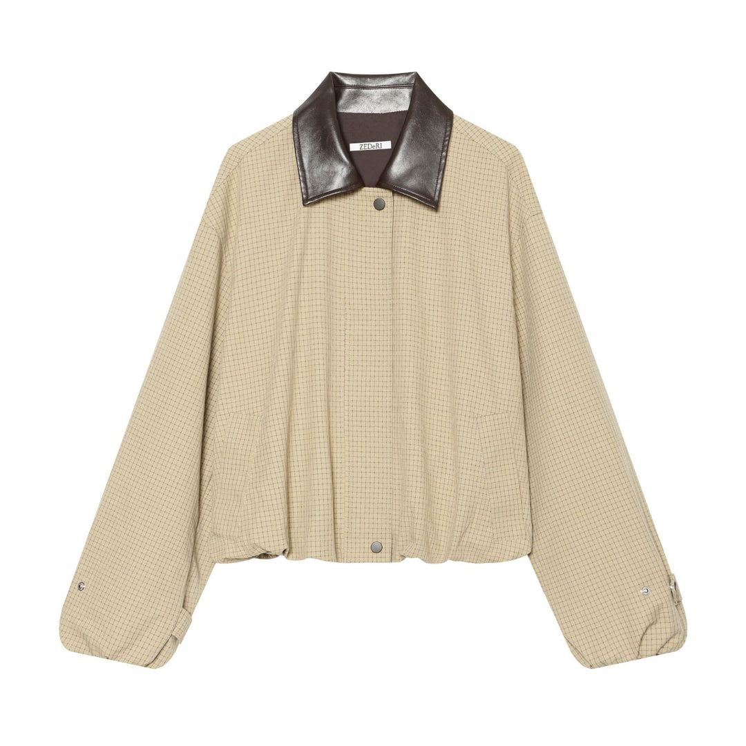 Dam Oversized Boxig Jacka med Rutigt Mönster, Konstläder Lapel och Fåll med Dragsko