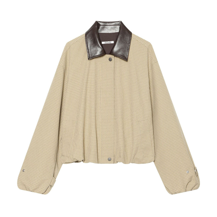 Dam Oversized Boxig Jacka med Rutigt Mönster, Konstläder Lapel och Fåll med Dragsko