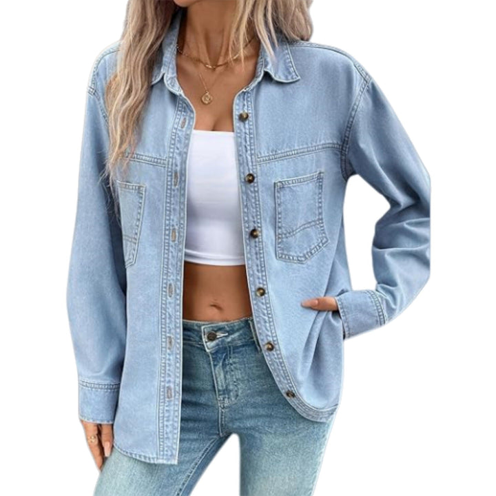 Dam oversize denim skjortjacka med bröstfickor