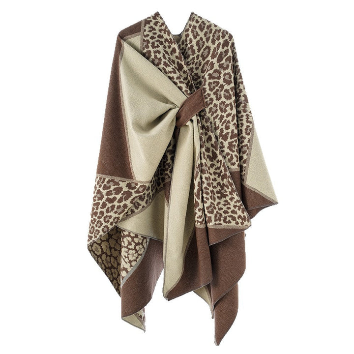 Dam jacquard poncho med leopard mönster och ullblandning wrap