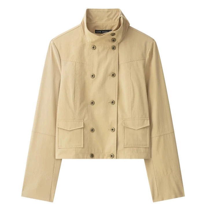 Dam Kort Double Breasted Kort Jacka i Blouson Stil med Stå Krage och Lock Fickor
