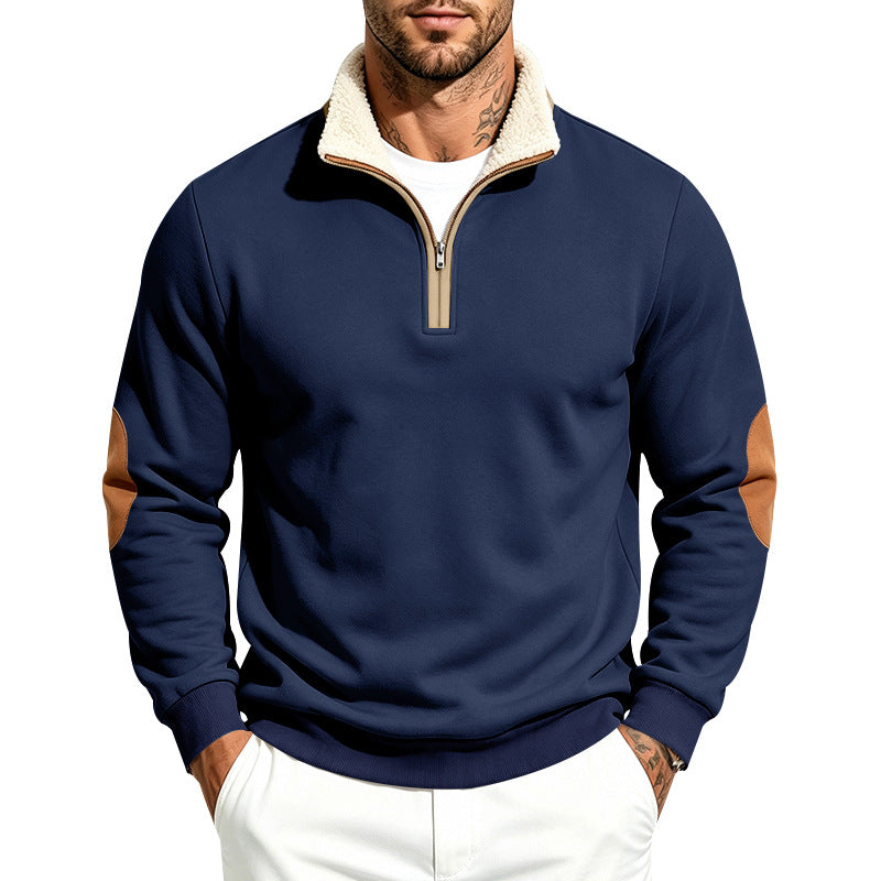 Herr Troyer Halv Dragkedja Pullover med Teddy Fleece Foder, Konstläder Elbow Lappar och Ståkrage