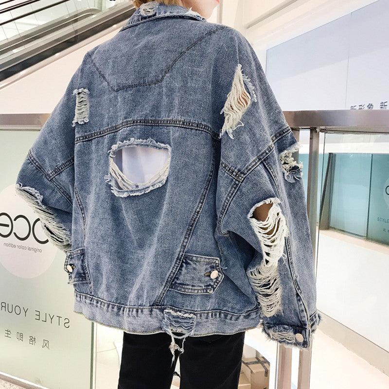 Dam Avslappnad Oversize Denimjacka med Destroyed Details