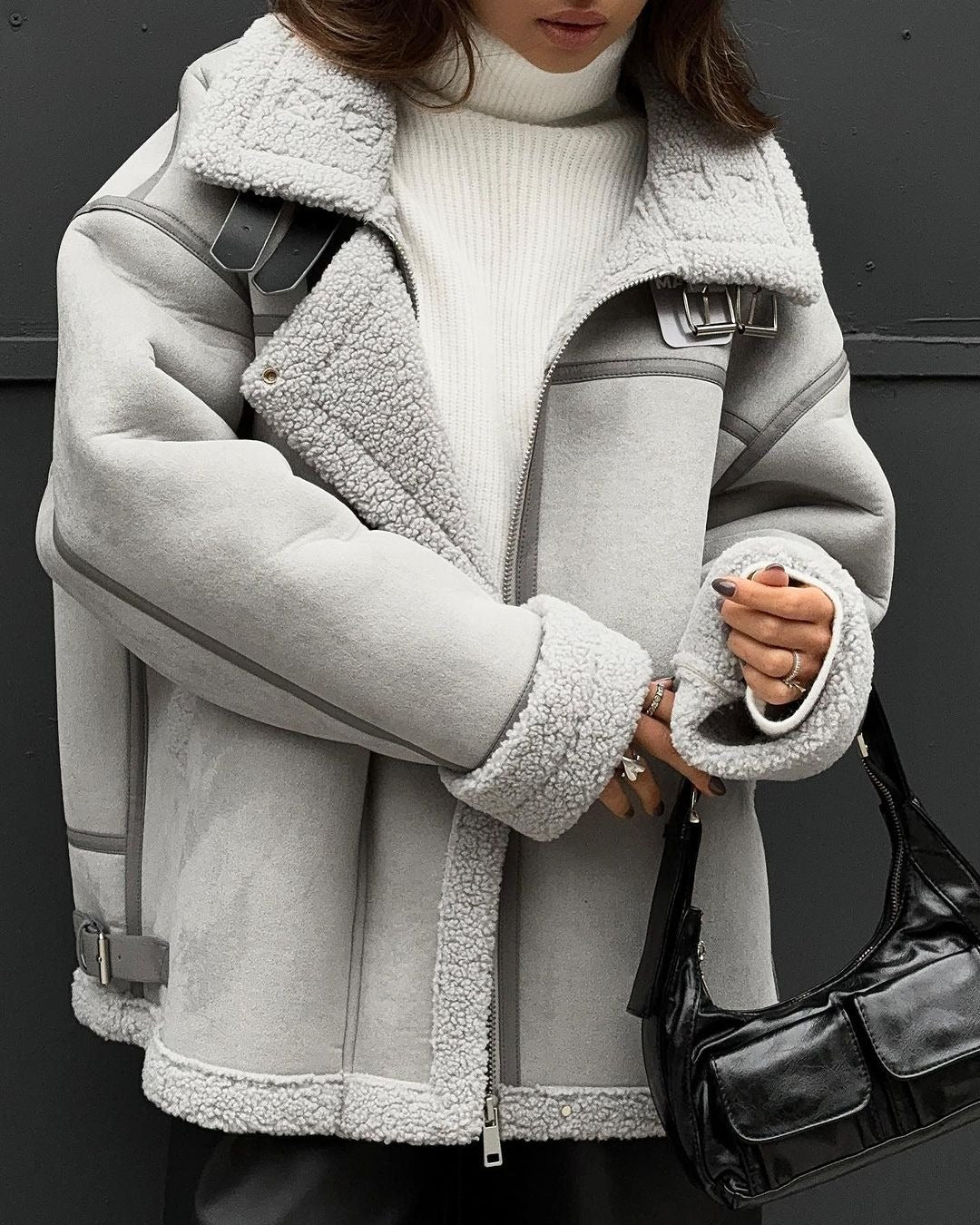 Dam vid skärning Lambskin Imitation Flight jacka med Faux Fur foder
