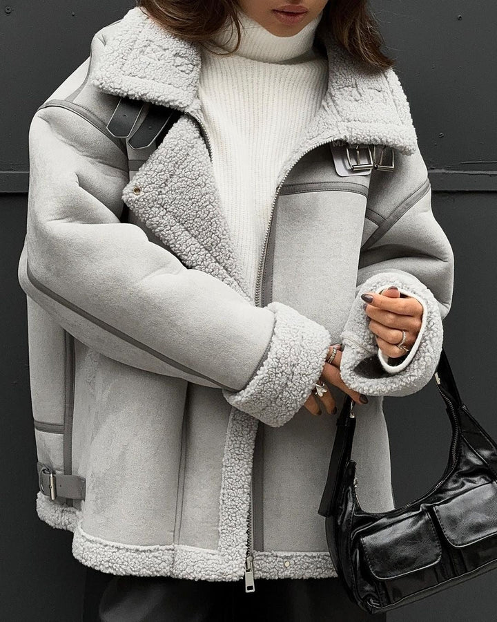 Dam vid skärning Lambskin Imitation Flight jacka med Faux Fur foder