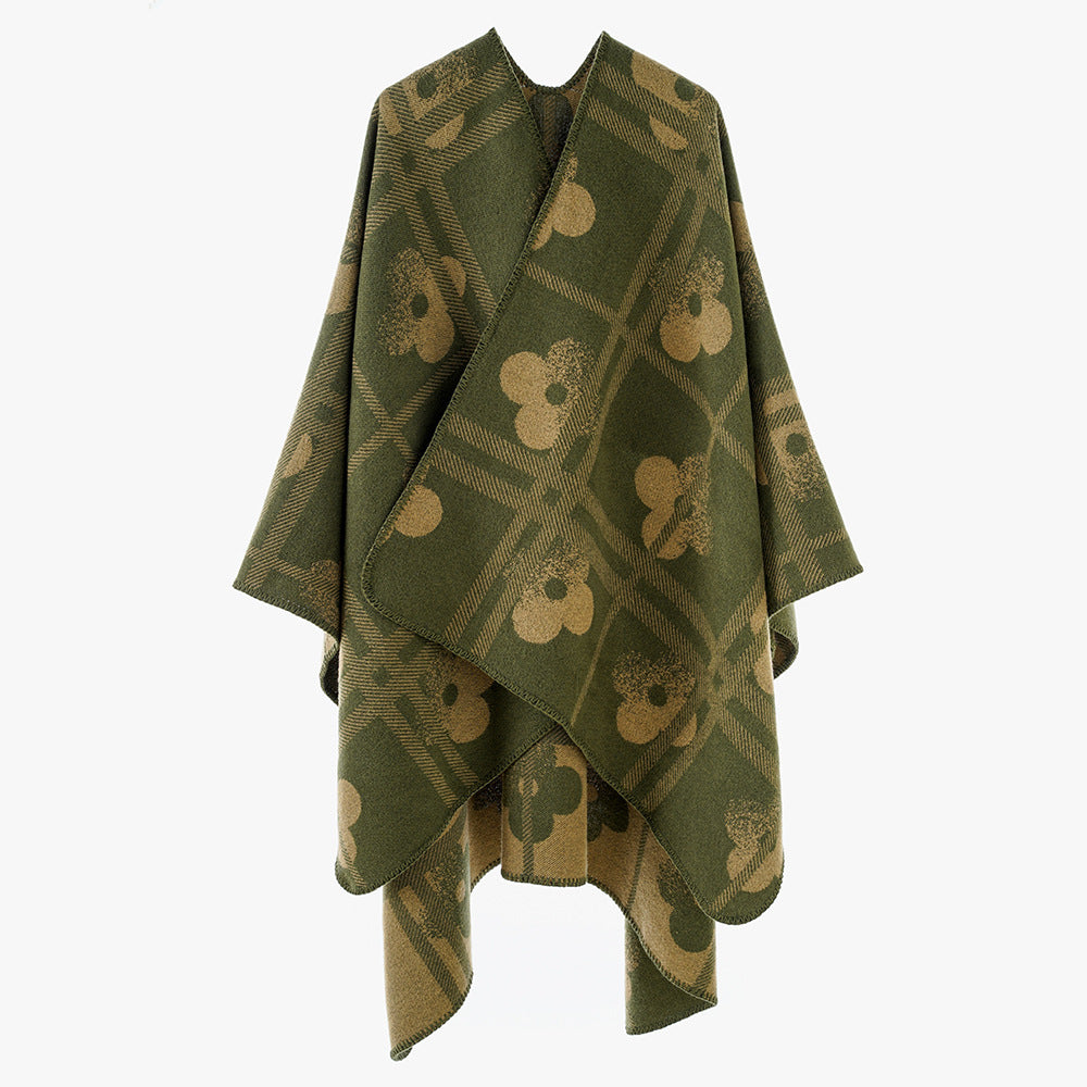 Dam Reversible Jacquard poncho tillverkad av ullblandning med floral check mönster och decorative piping seam