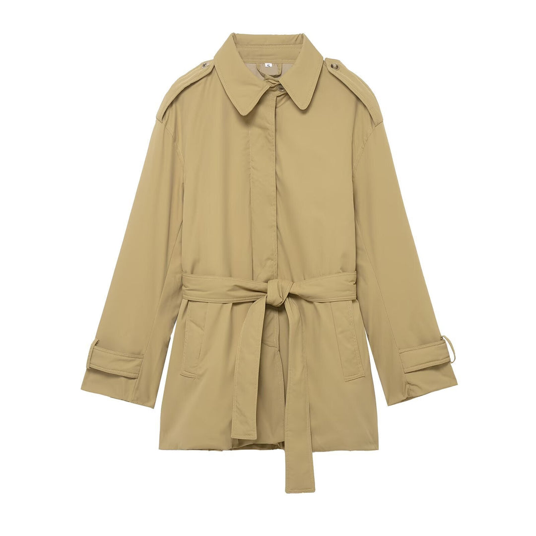 Dam Kort Trenchcoat med Waist Belt och Epaulettes