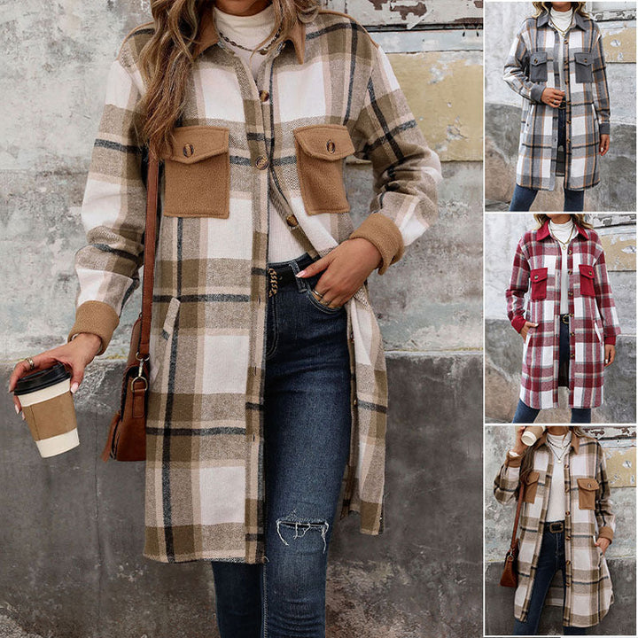 Dam Lång Overshirt Jacka i Rutig Flanell Look med Utanpåfickor