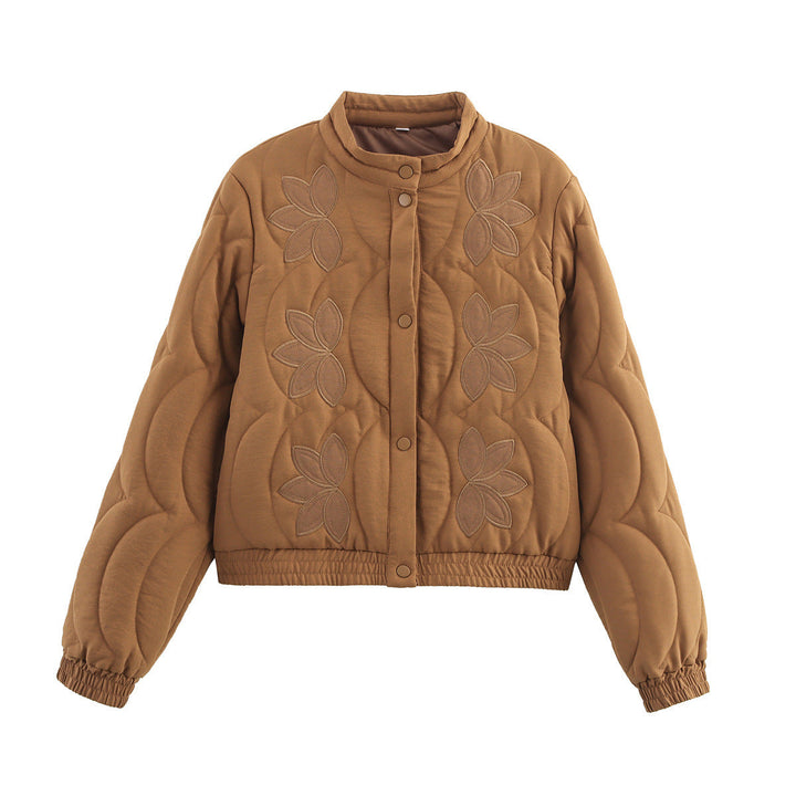 Dam kort kviltad Blouson med blommig kviltad Application, ståkrage och Elastic Waistband