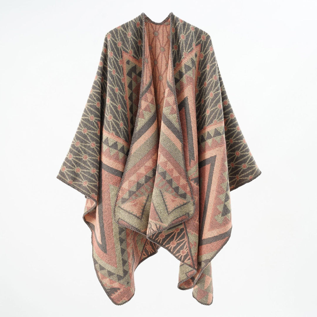 Dam Structured Jacquard poncho Overlay med Graphic Ethno mönster och Open kimono Fall
