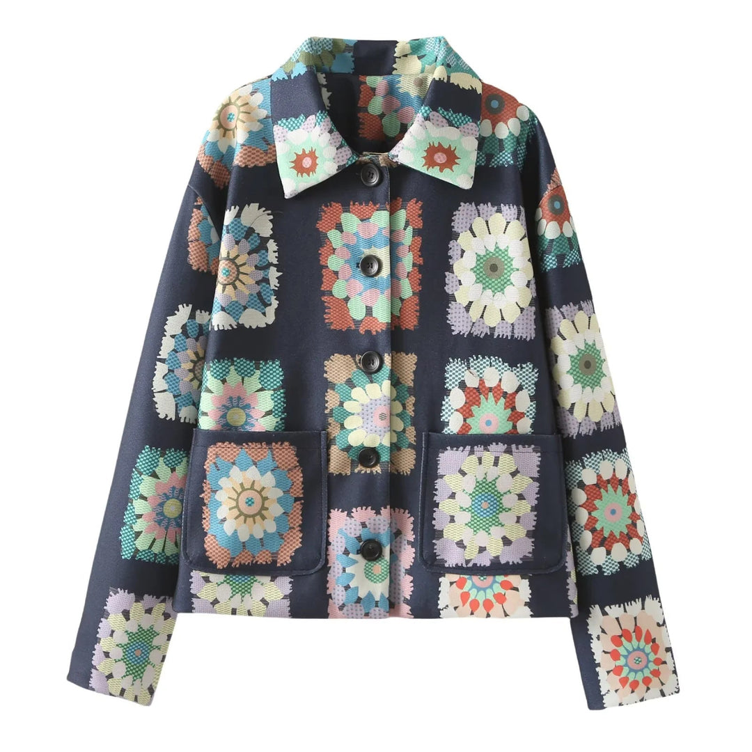 Dam Mönstrad kort boxy jacka med floral patchwork squares