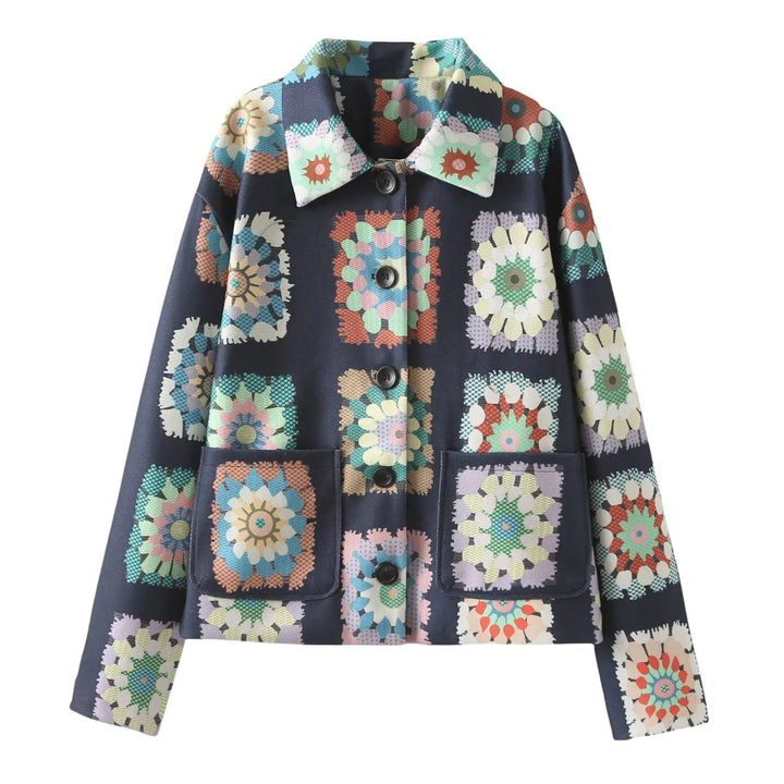 Dam Mönstrad kort boxy jacka med floral patchwork squares