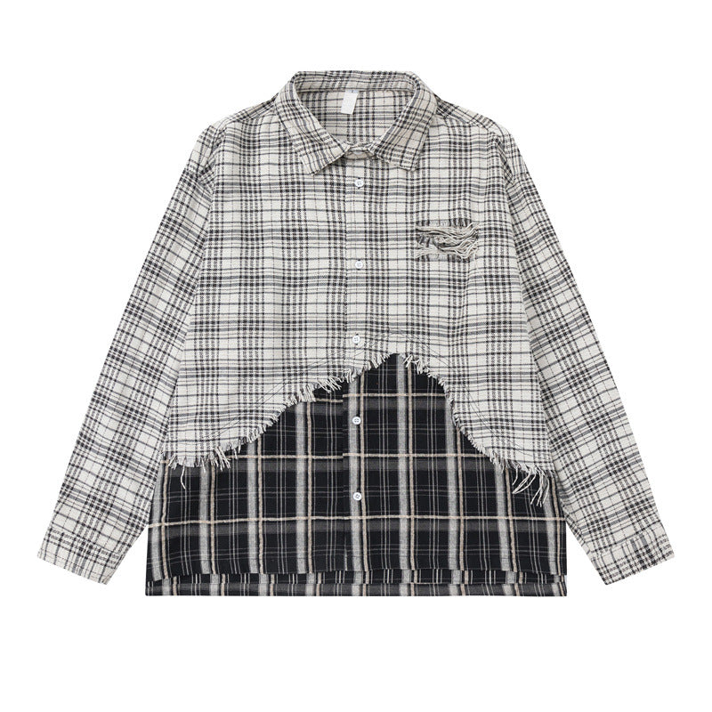 Unisex Oversized Skjorta Jacka med Layered Look, Frayed Fåll och Check Mix