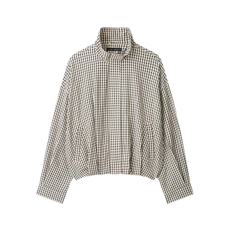 Dam kort cropped rutig blousonjacka med ståkrage, elastisk fåll och hidden dragkedja