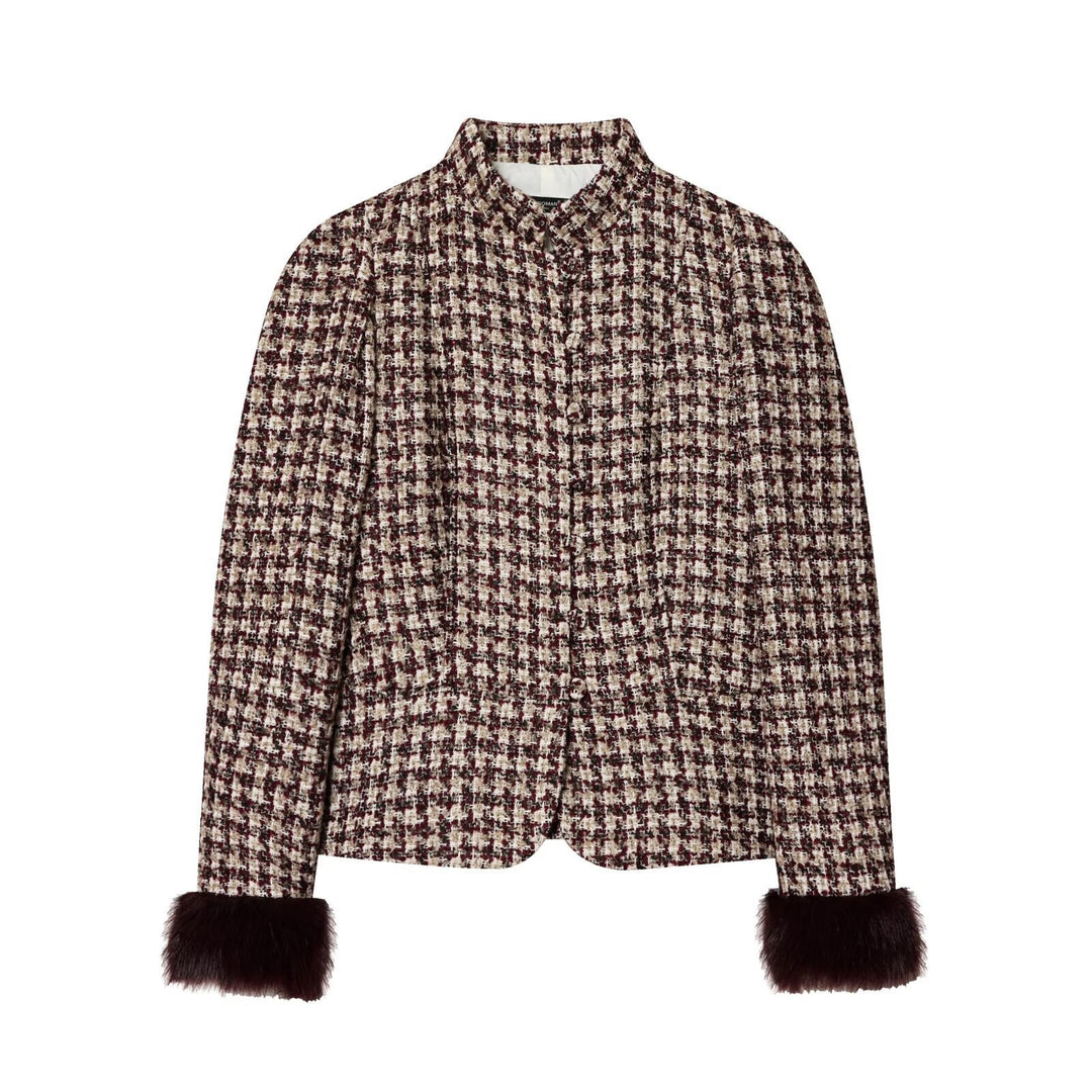 Dam Kort Bouclé Tweedjacka med Stå Krage och Faux Fur Muddar
