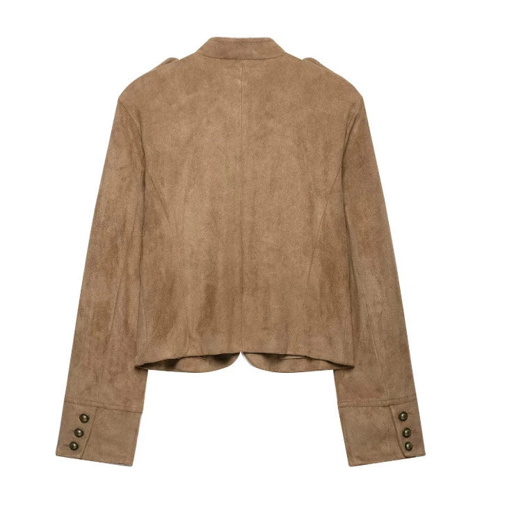 Dam Kort Jacka i Suede Look i Officer Stil med Dekorativ Knapp Knäppning