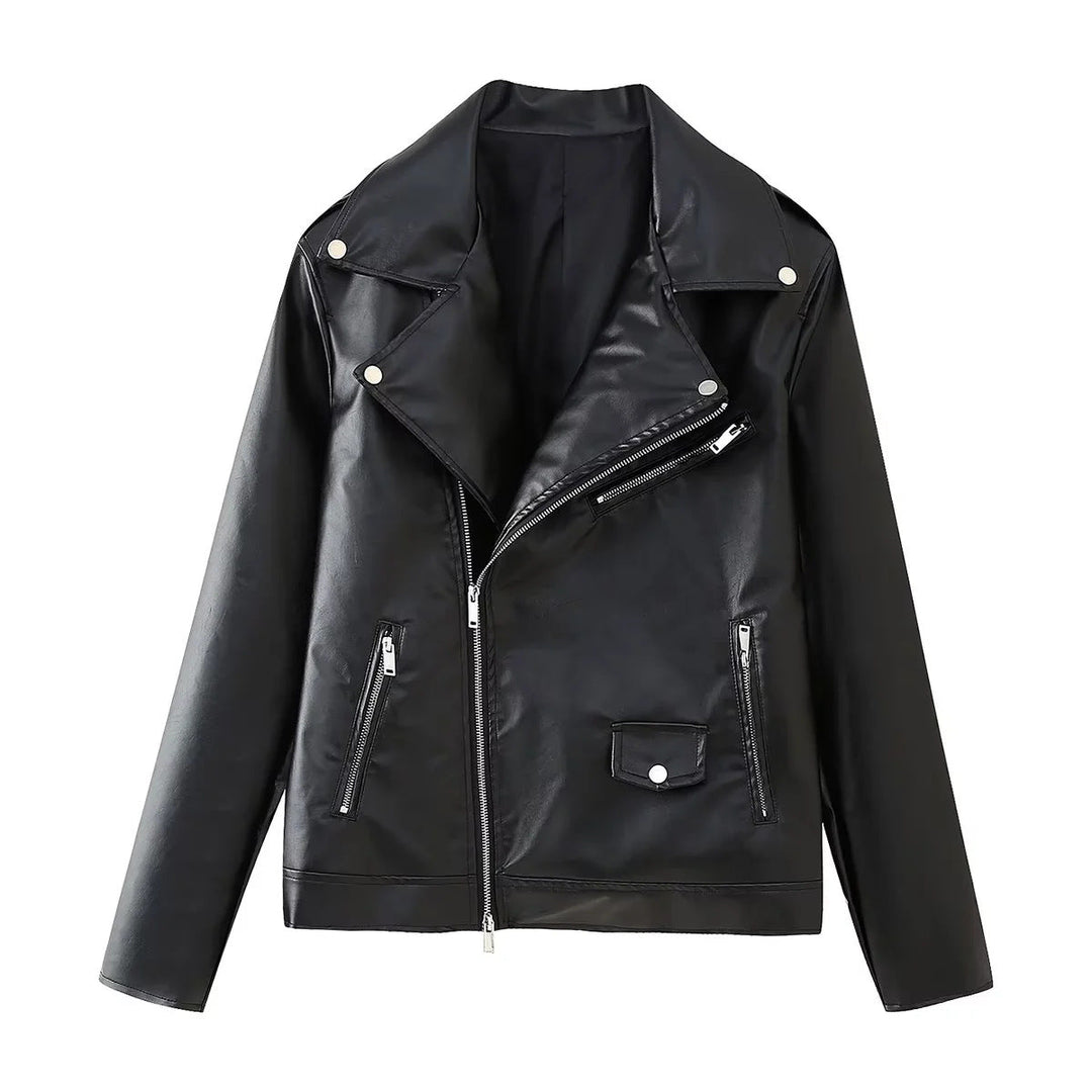 Dam figurnära konstläder bikerjacka med asymmetrisk dragkedja, bred lapels, och decorative pocket