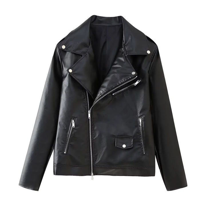Dam figurnära konstläder bikerjacka med asymmetrisk dragkedja, bred lapels, och decorative pocket