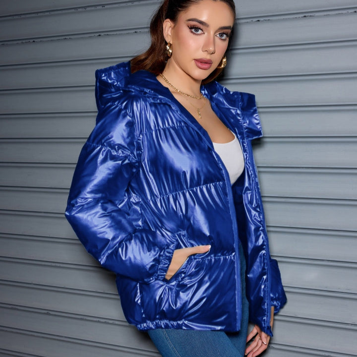 Dam glansig oversized vadderad jacka med huva &amp; elastiska muddar
