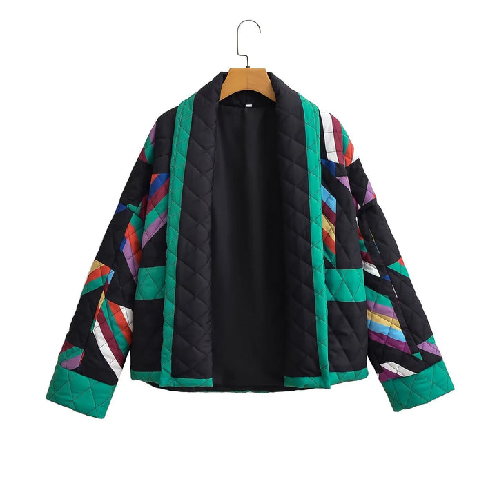 Dam non-quiltad kimono jacka med geometric patchwork och öppen front