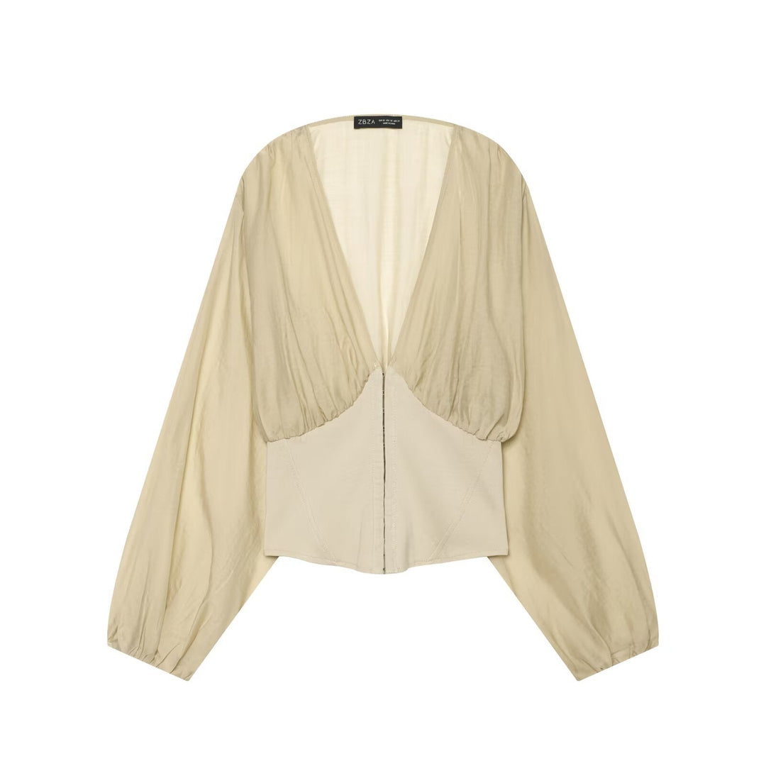 Dam Kort Bolero Blouson med Deep V-Neck, Gathered Yoke och Balloon Ärmar