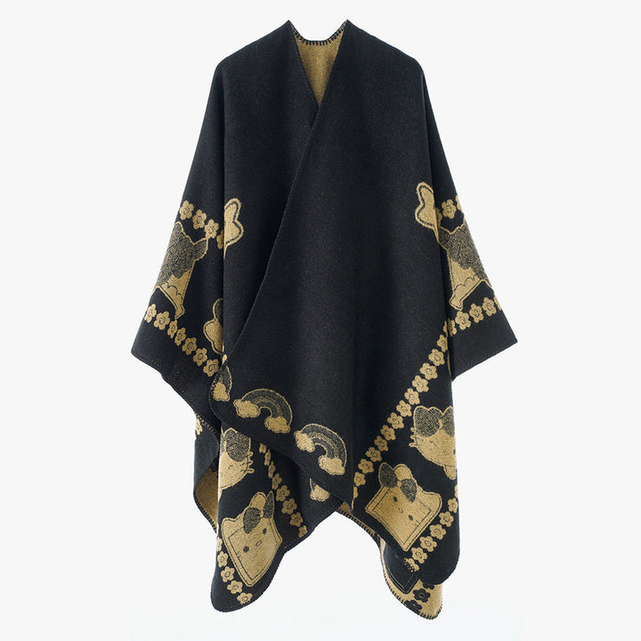 Dam Oversize poncho med Jacquard Animal mönster och Asymmetrical Pointed fåll