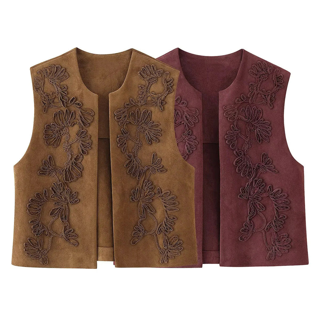 Dam embroidered mocka väst med open skärning, floral appliqué och figurnära silhuett