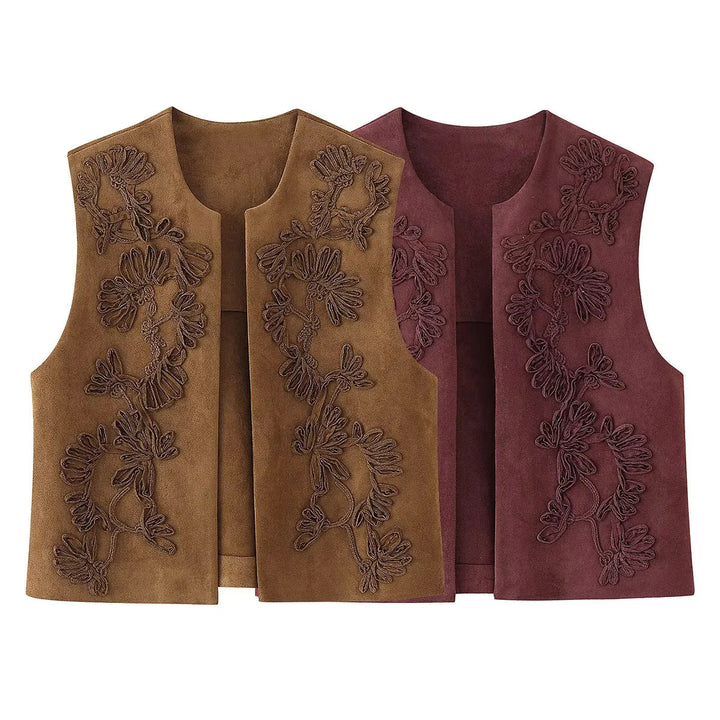 Dam embroidered mocka väst med open skärning, floral appliqué och figurnära silhuett
