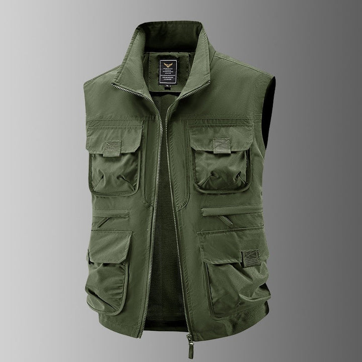 Herr Multi-Pocket Utility Väst med Hög Krage, Dragkedja och Mesh Foder