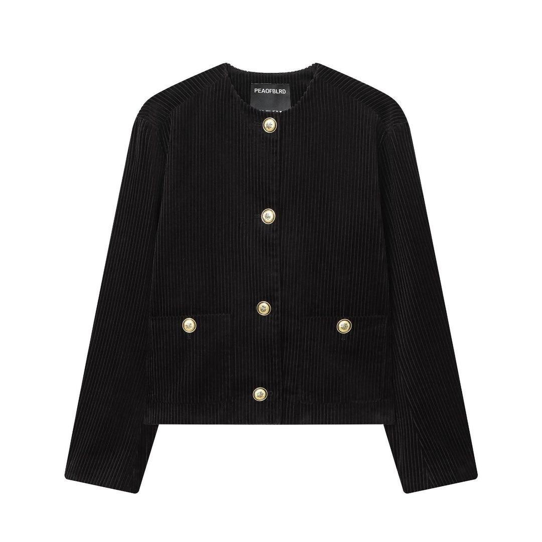 Dam manchester jacka kort med fine bred manchester structure, round neckline och golden decorative knappar