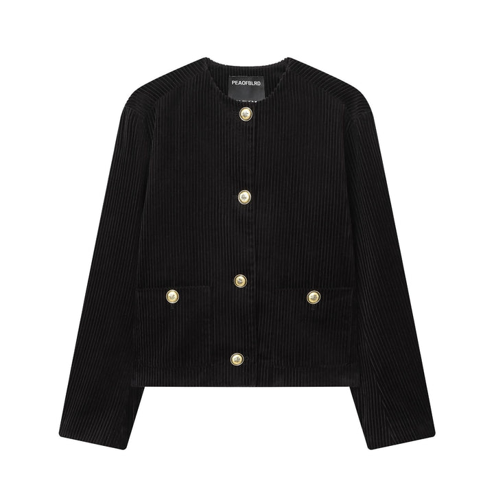 Dam manchester jacka kort med fine bred manchester structure, round neckline och golden decorative knappar
