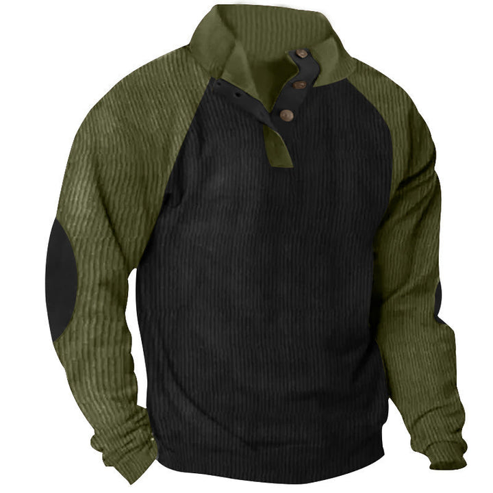 Herr Strukturerad Raglan Henley Pullover med Ståkrage, Elbow Lappar &amp; Knapplist