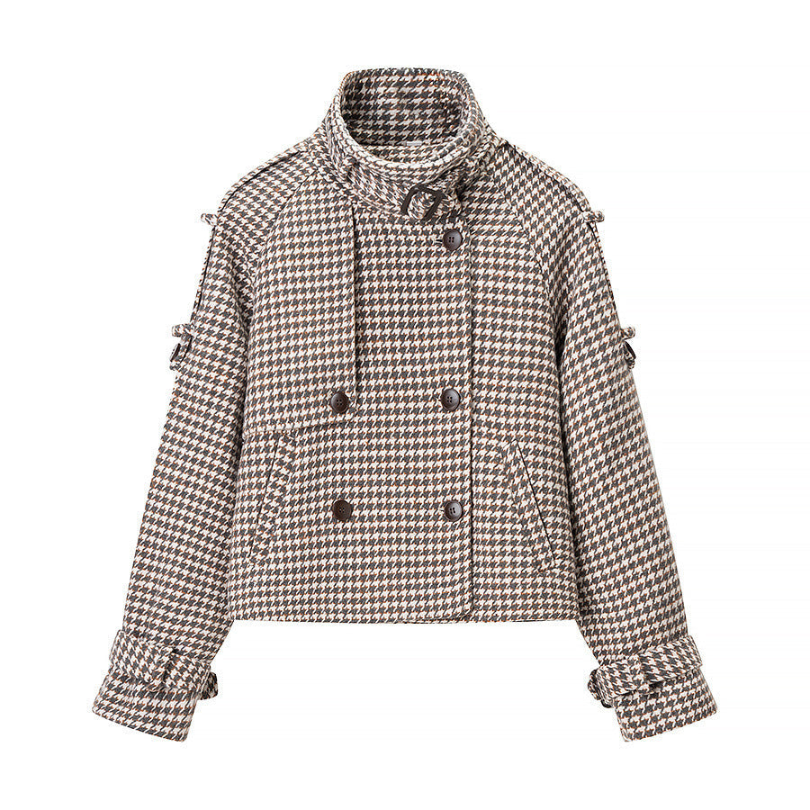 Dam oversize trenchcoat med Houndstooth mönster, hög ståkrage och Shoulder Epaulettes