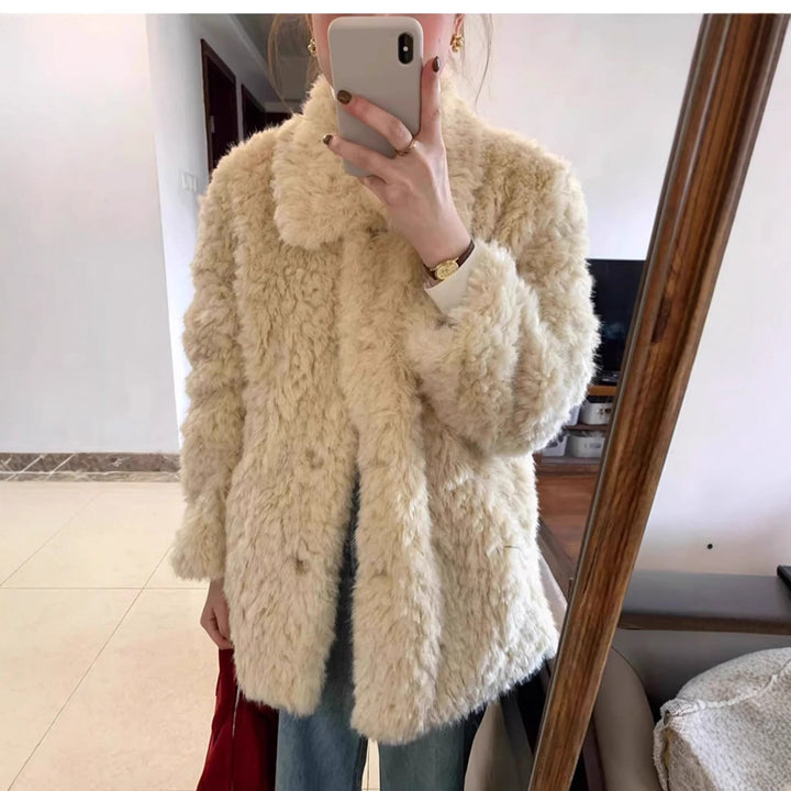Dam kort teddy Faux Fur kappa med hel krage och Boxy silhuett