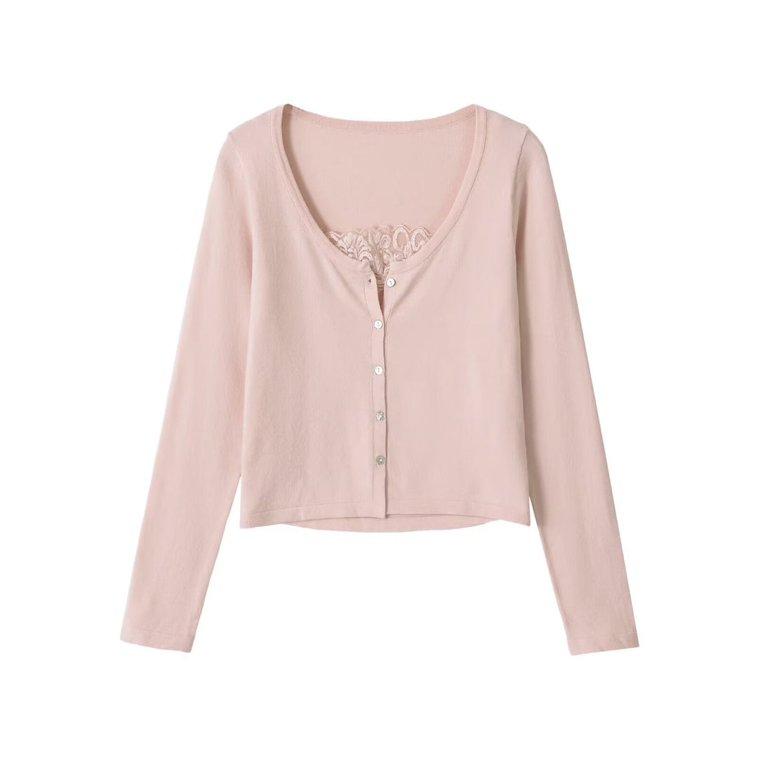 Dam Fine Knapp Jacka med Lace Detail och Boat Neck