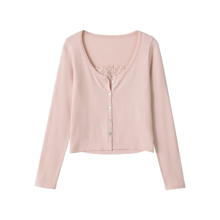 Dam Fine Knapp Jacka med Lace Detail och Boat Neck