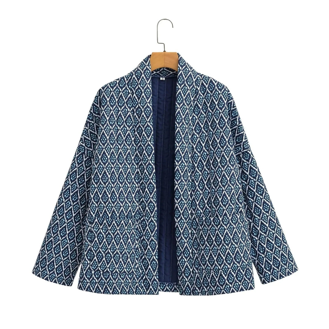 Dam mönstrad Kimono kviltad jacka med Open fram och utanpåfickor