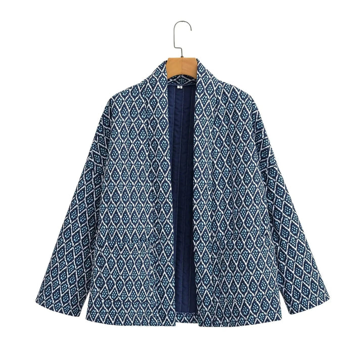 Dam mönstrad Kimono kviltad jacka med Open fram och utanpåfickor