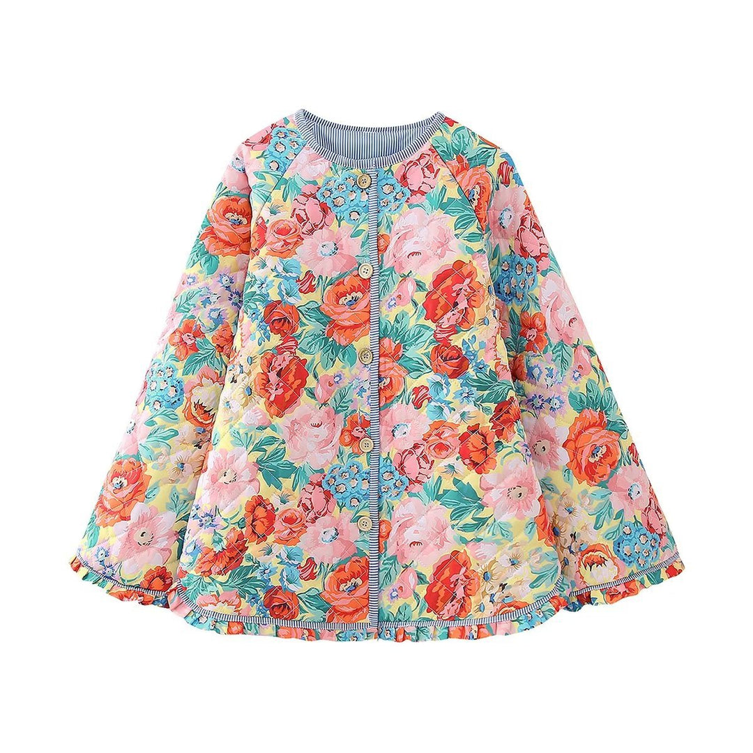 Dam quiltad swing jacka med floral quilt rund hals och ruffle fåll